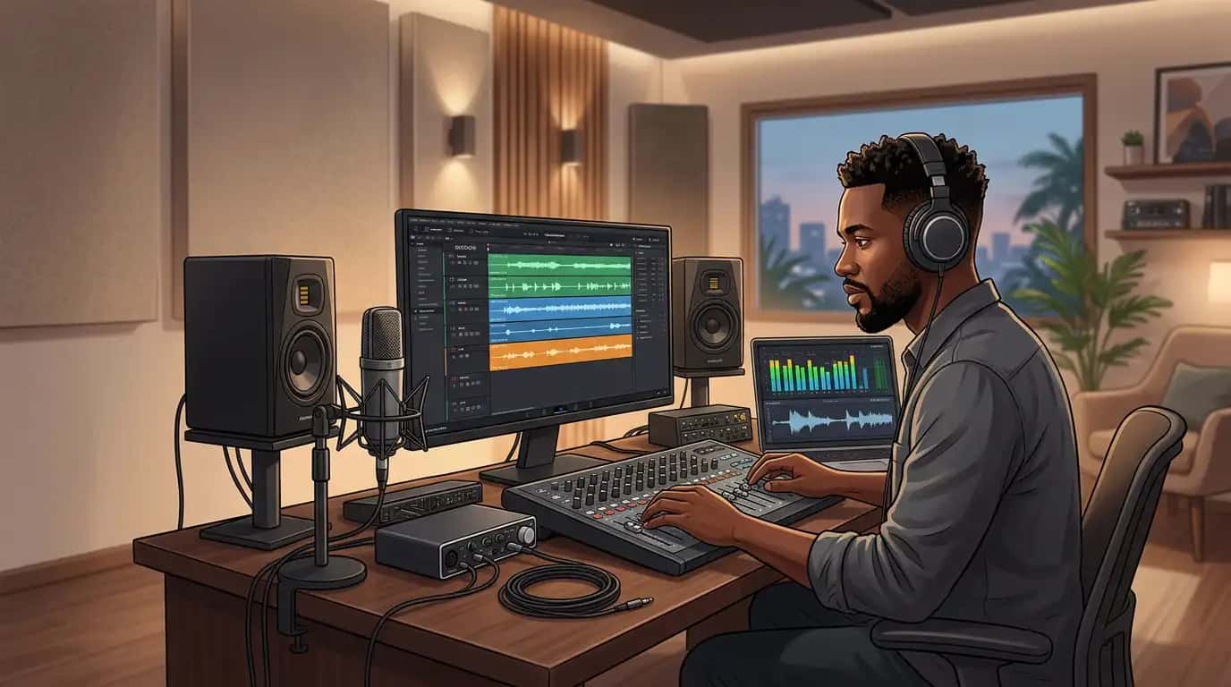 Cover Audio mastery — mixage final, denoise, EQ, loudness, livraison broadcast